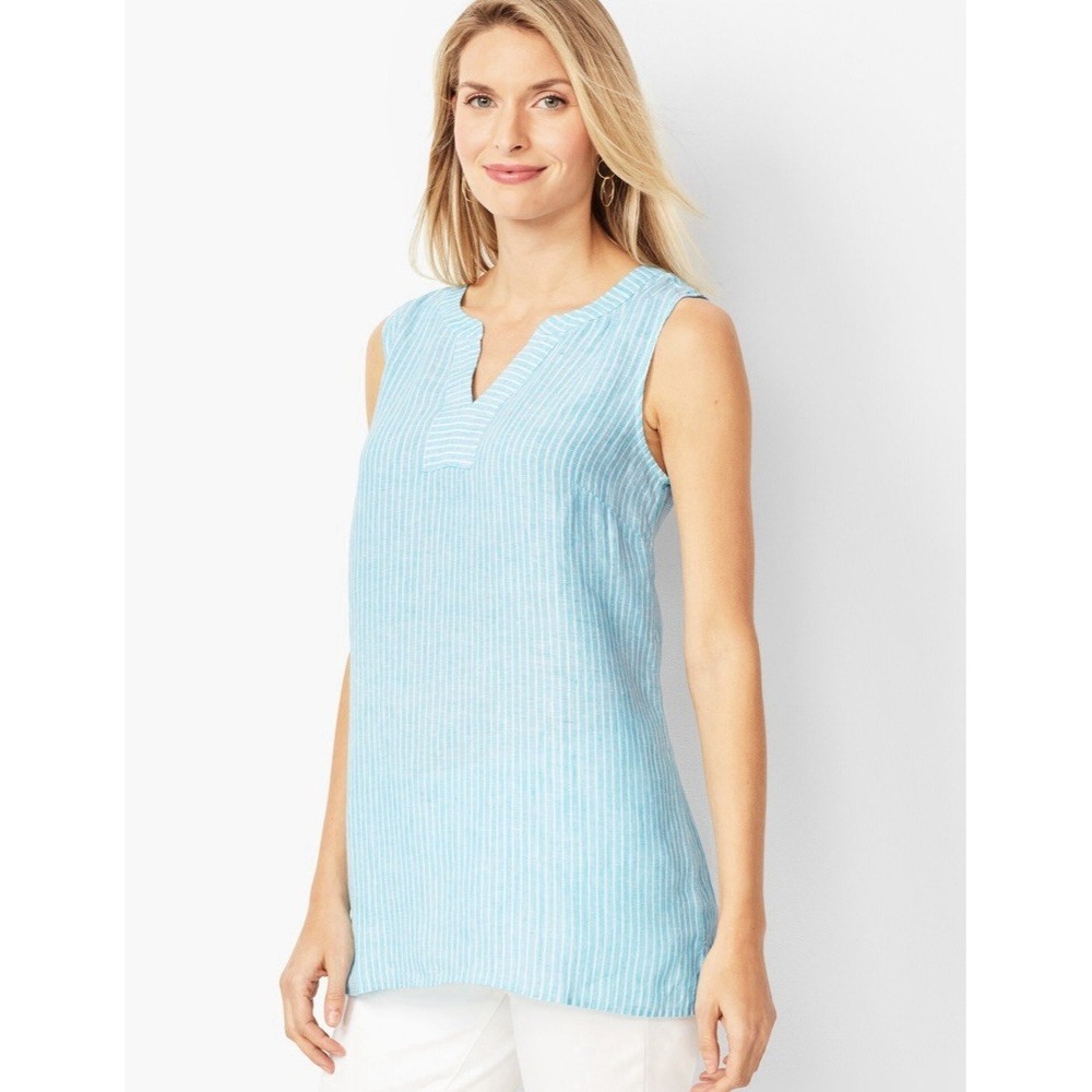 Talbots Split-Neck 100% Linen Shell Coastal Stripe Sleeveless Top Blue White LP